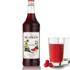 Monin Grenadine Syrup bottle clearly displayed on an isolated white background.