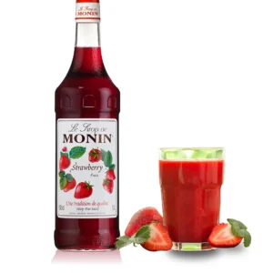 Monin Strawberry Syrup bottle clearly displayed on an isolated white background.